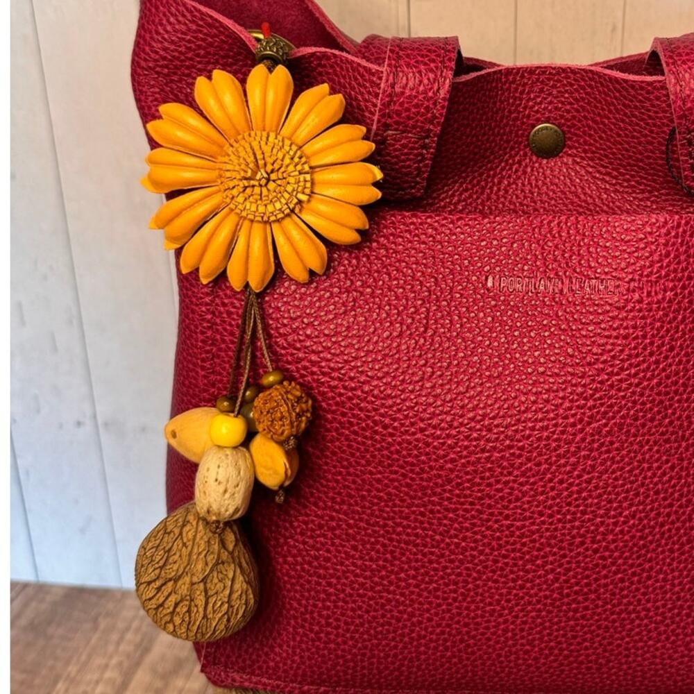 Summer Neutral Tan Gerbera Daisy Purse Charm Genuine Leather Flower Bag Charm
